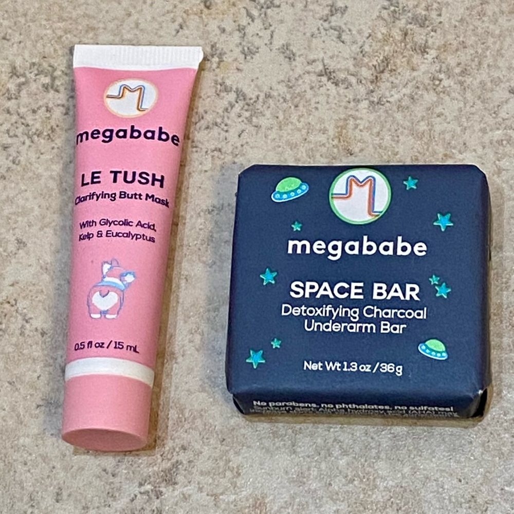 New 2 pc megababe Space Bar Charcoal Underarm & Le Tush Clarifying Butt Mask